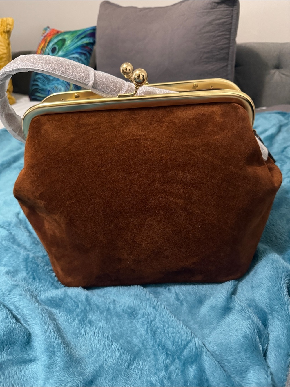 Coach Brown Suede Kiss-Lock Wristlet Clutch with Gold Hardware